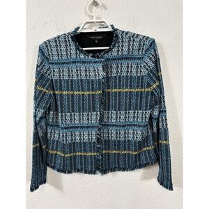 Ming Wang Cardigan Sweater Womens PL Blue Striped Fringe Knit